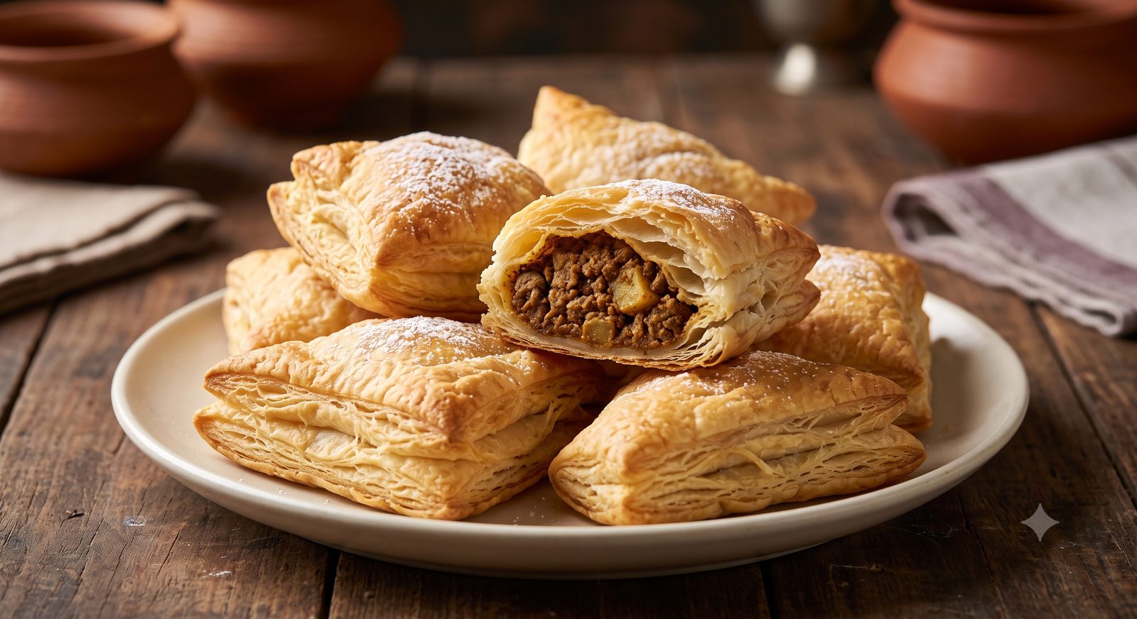 Photo of meat puffs, one cut open showing the filling