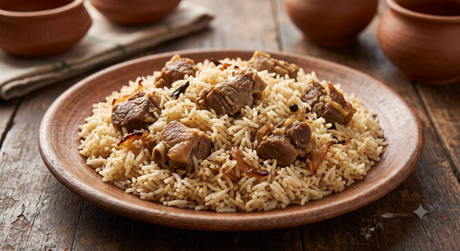 Photo of meat pulao served on a clay plate