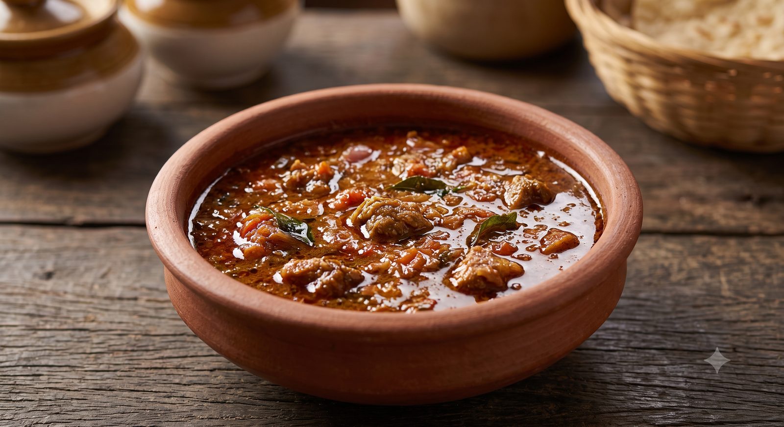Photo of meat salna served in a clay bowl