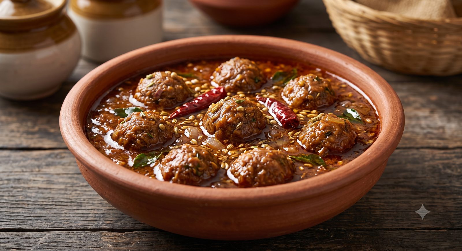 Photo of meatball kuzhambu served in a clay bowl