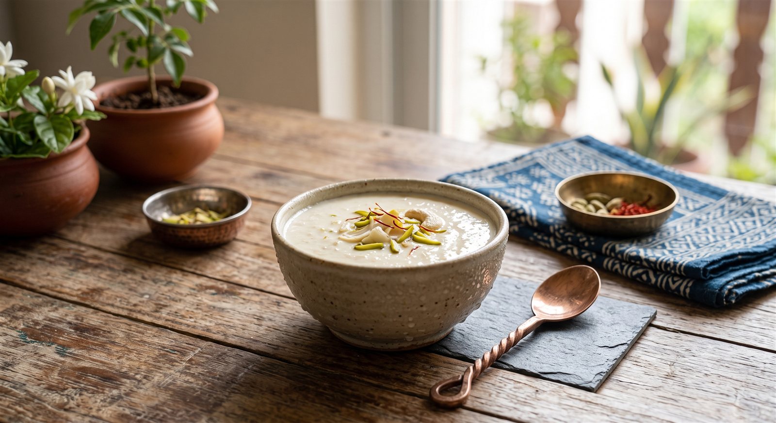 Photo of Milk Basundi garnished with pistachio and saffron