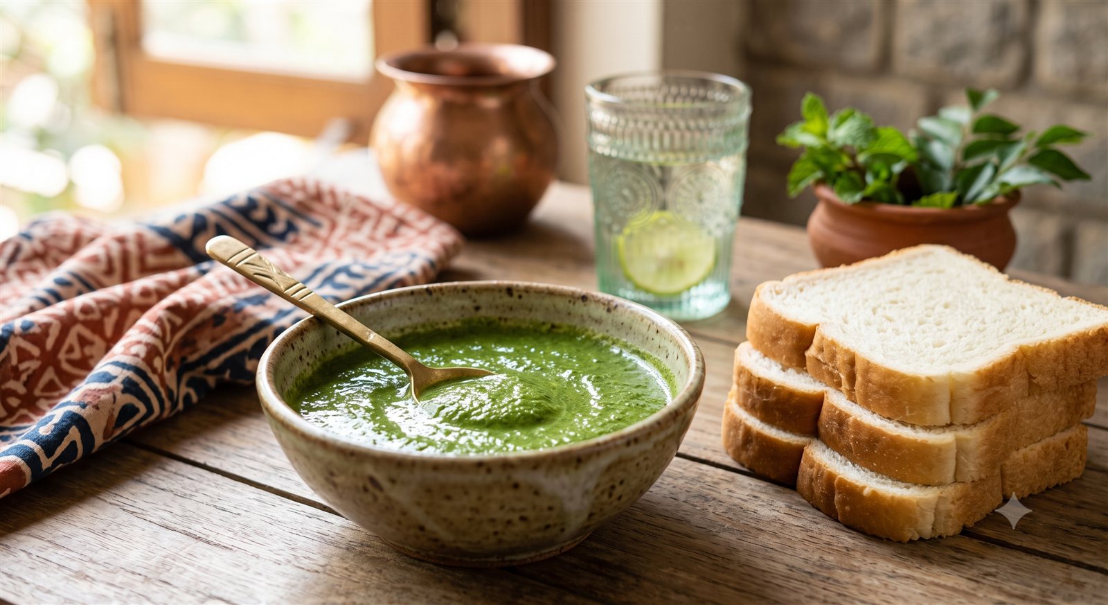 Photo of Mint Chutney (for Sandwiches) served beside bread slices