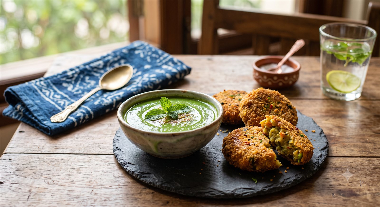 Photo of Mint-Coriander Chutney (for Cutlets) served beside fried cutlets
