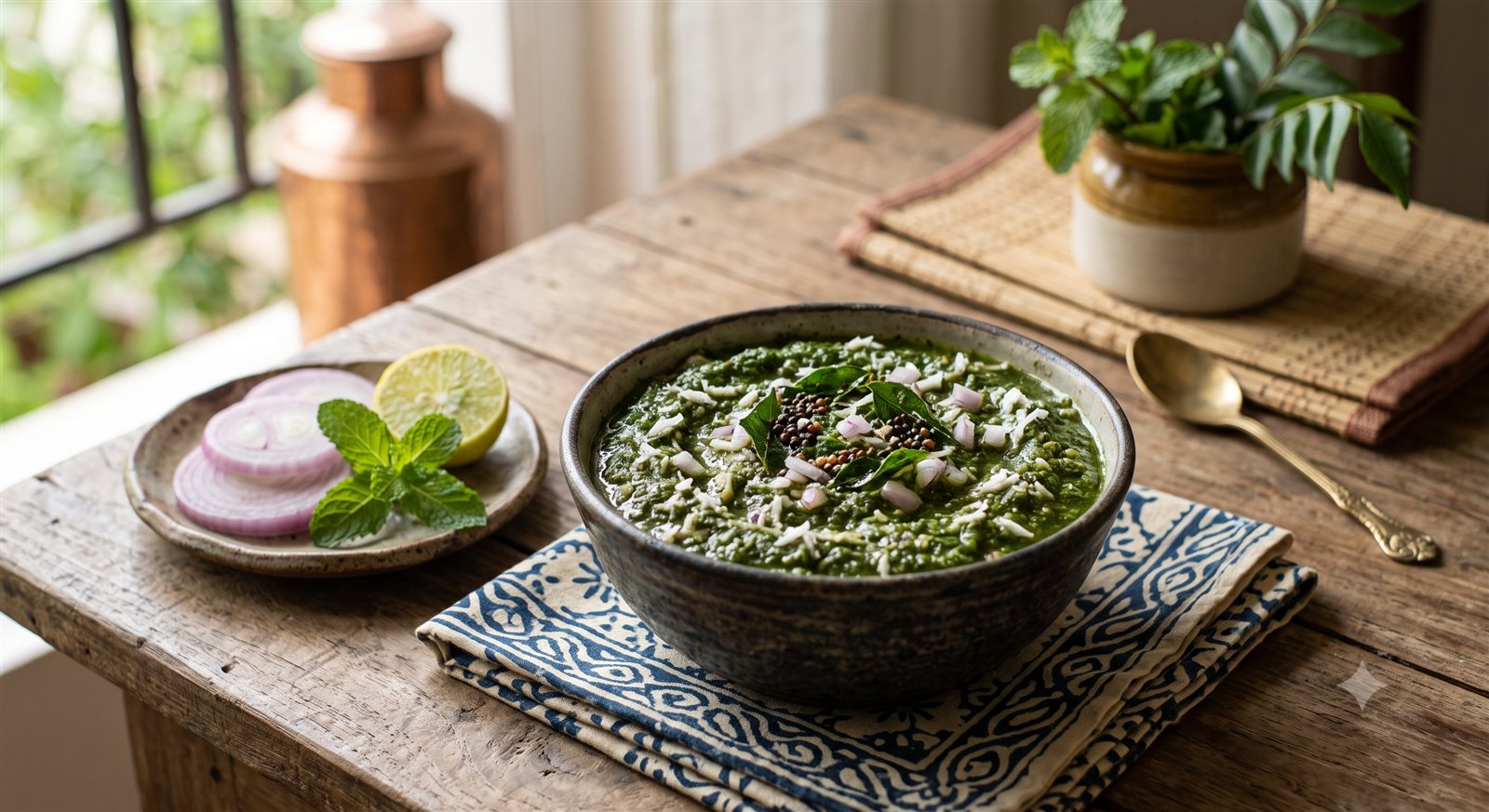 Photo of Mint-Onion Chutney with raw onion alongside