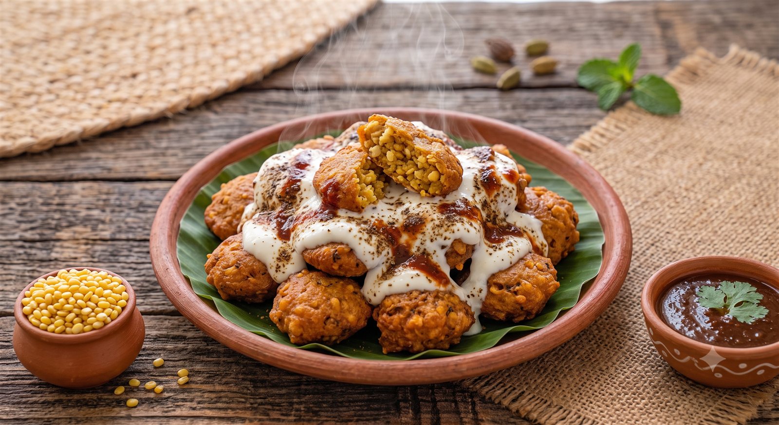 Photo of Moong Dhal Curd Pakoda topped with curd and a moong dal side