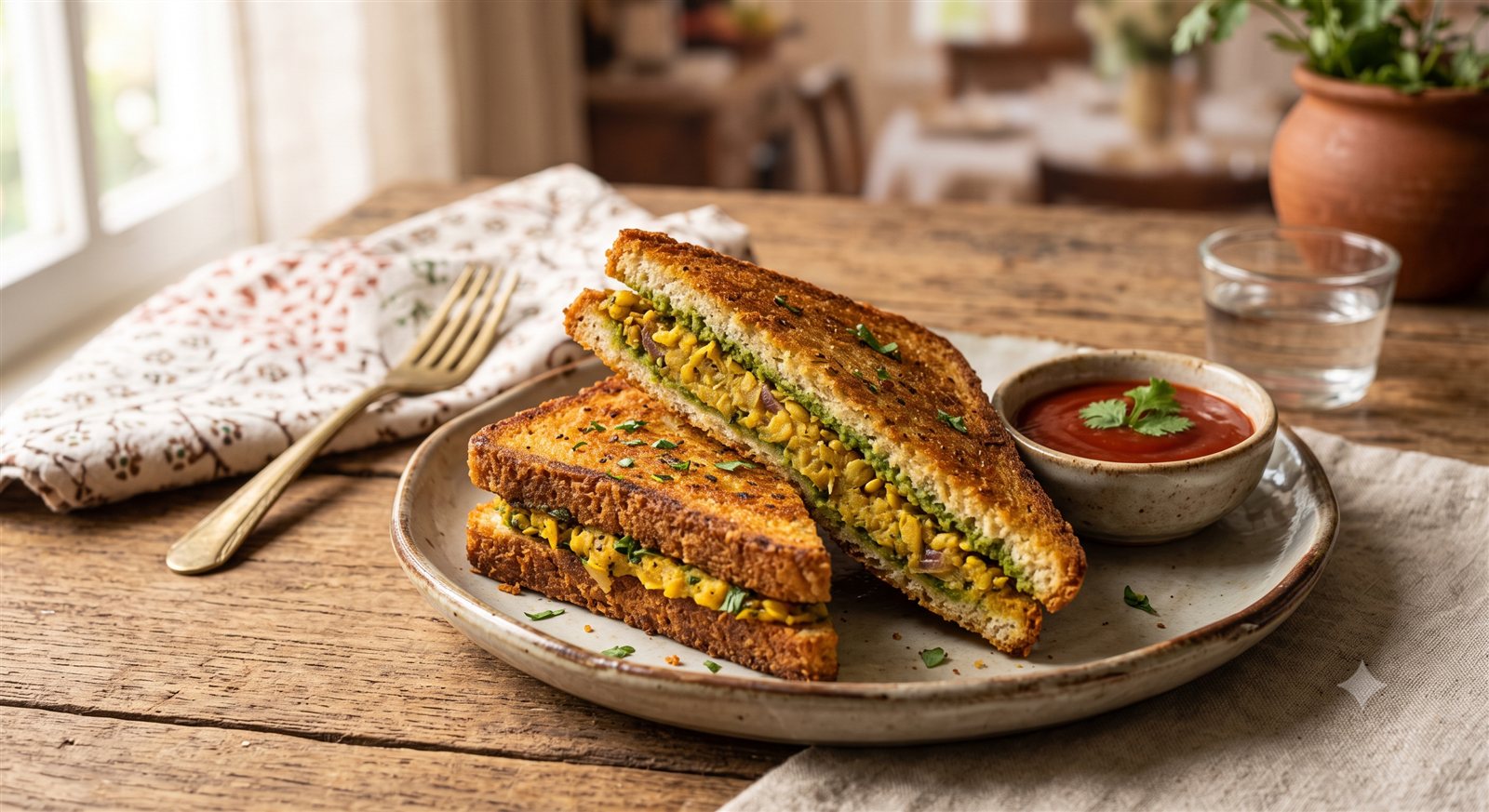 Photo of Moong Dhal Toast served with tomato sauce