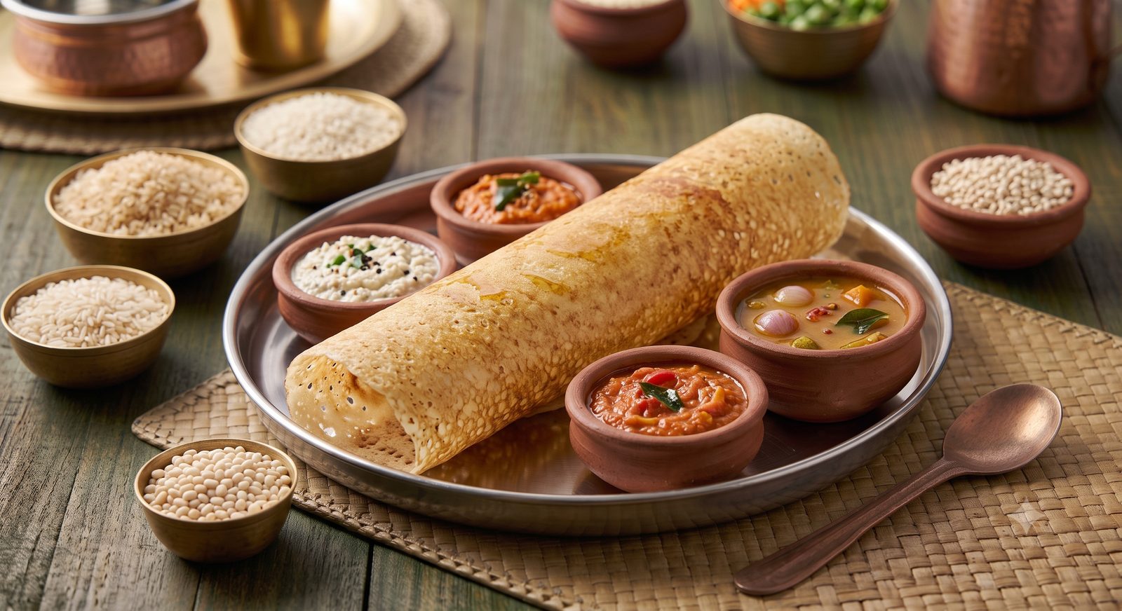 Photo of crispy dosa served with chutney and sambar