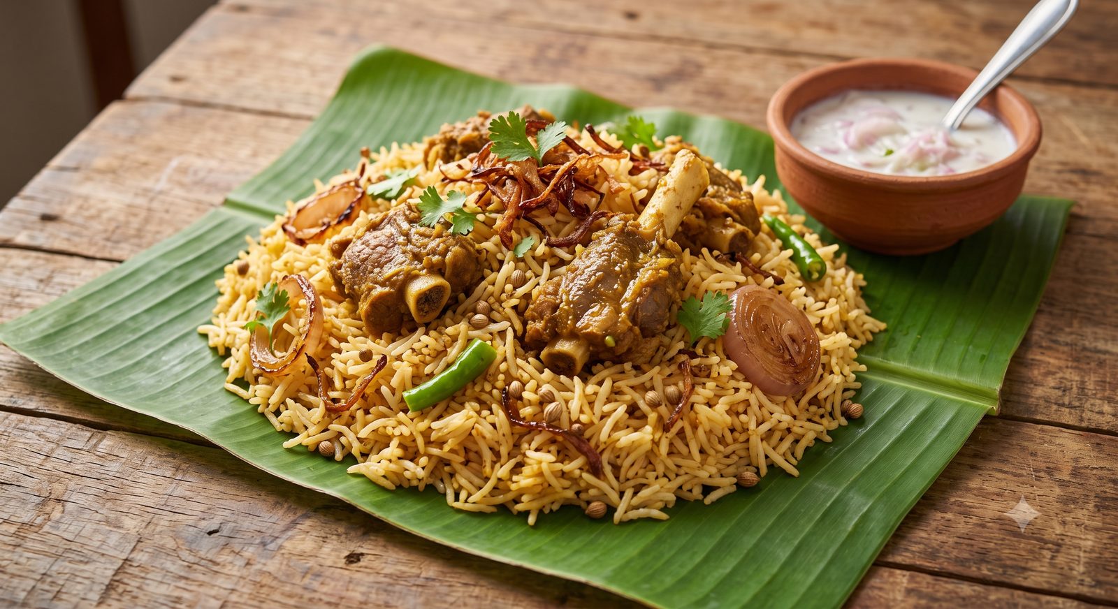 Photo of mutton biryani served on a banana leaf