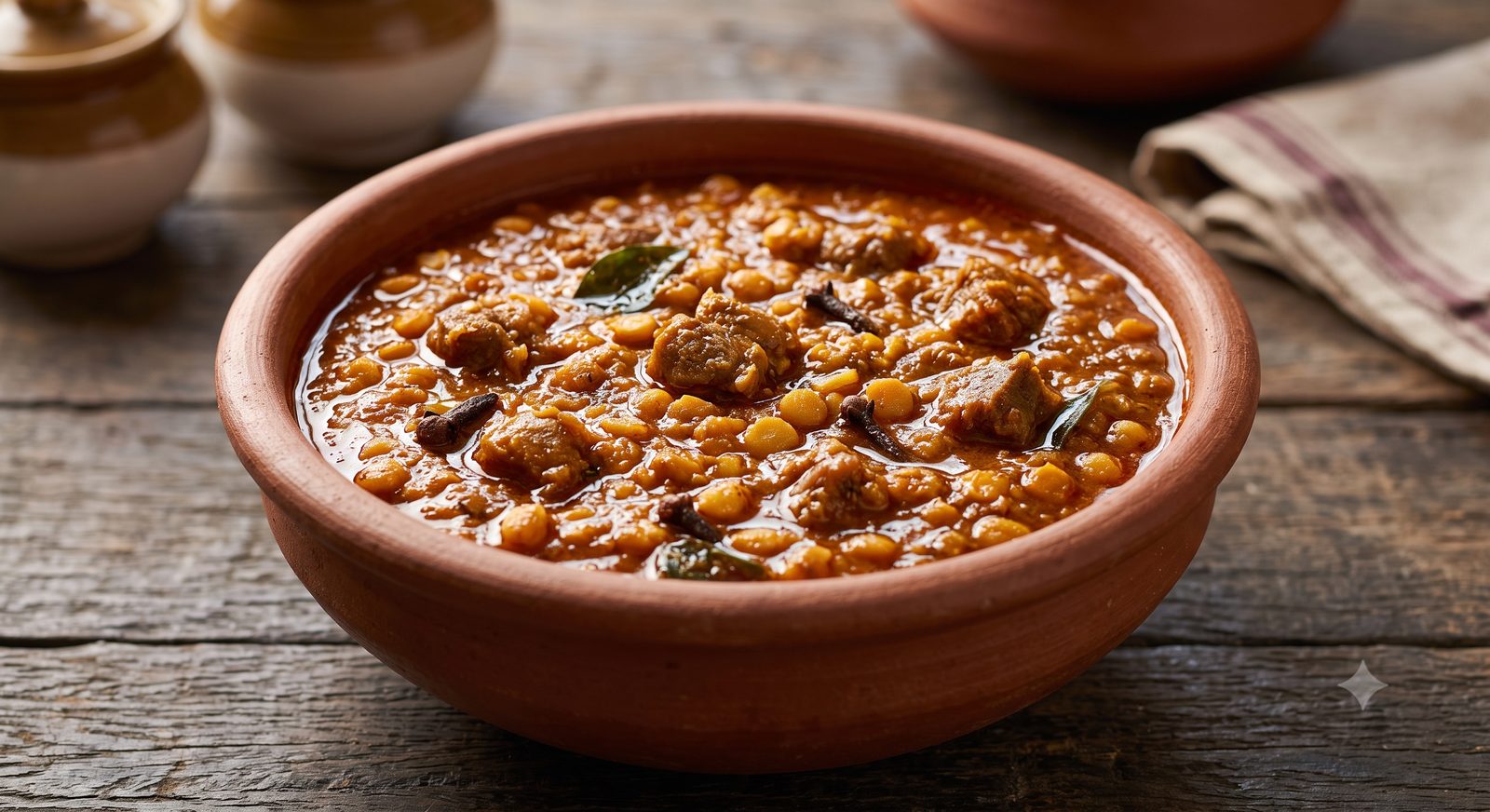 Photo of mutton dal served in a clay bowl