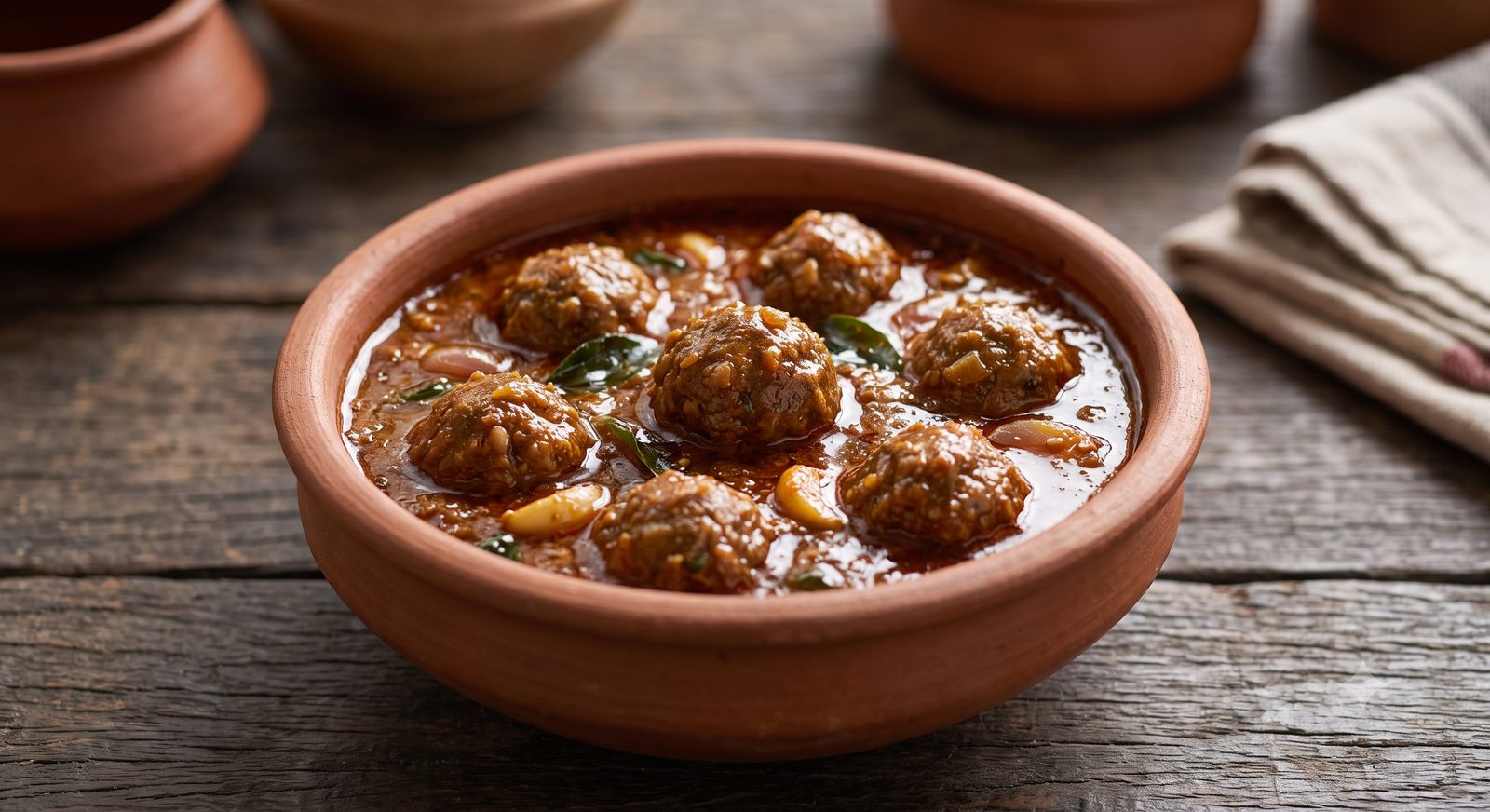 Photo of mutton kola kuzhambu served in a clay bowl