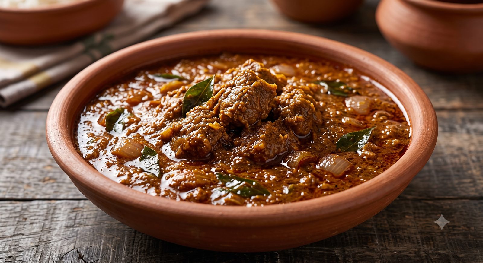 Photo of mutton kuzhambu served in a clay bowl