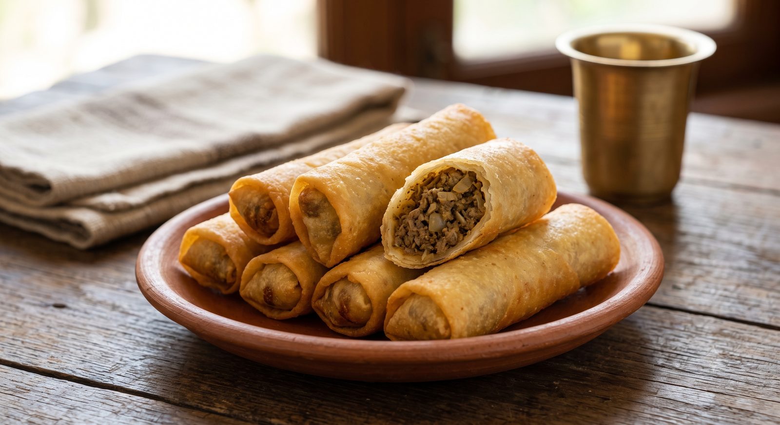 Photo of mutton spring roll, one cut open showing the filling
