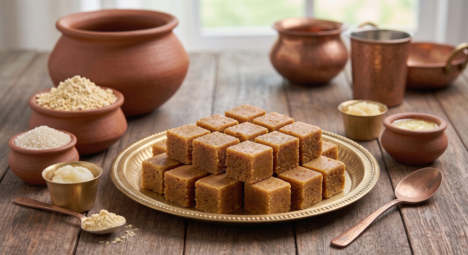 Photo of Mysore pak served on a brass plate