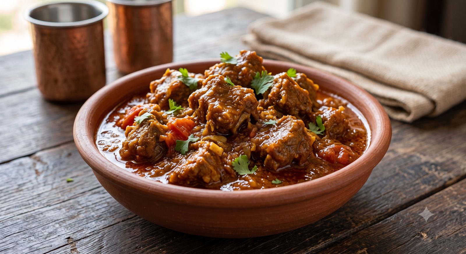 Photo of Parsi chicken curry served in a clay bowl