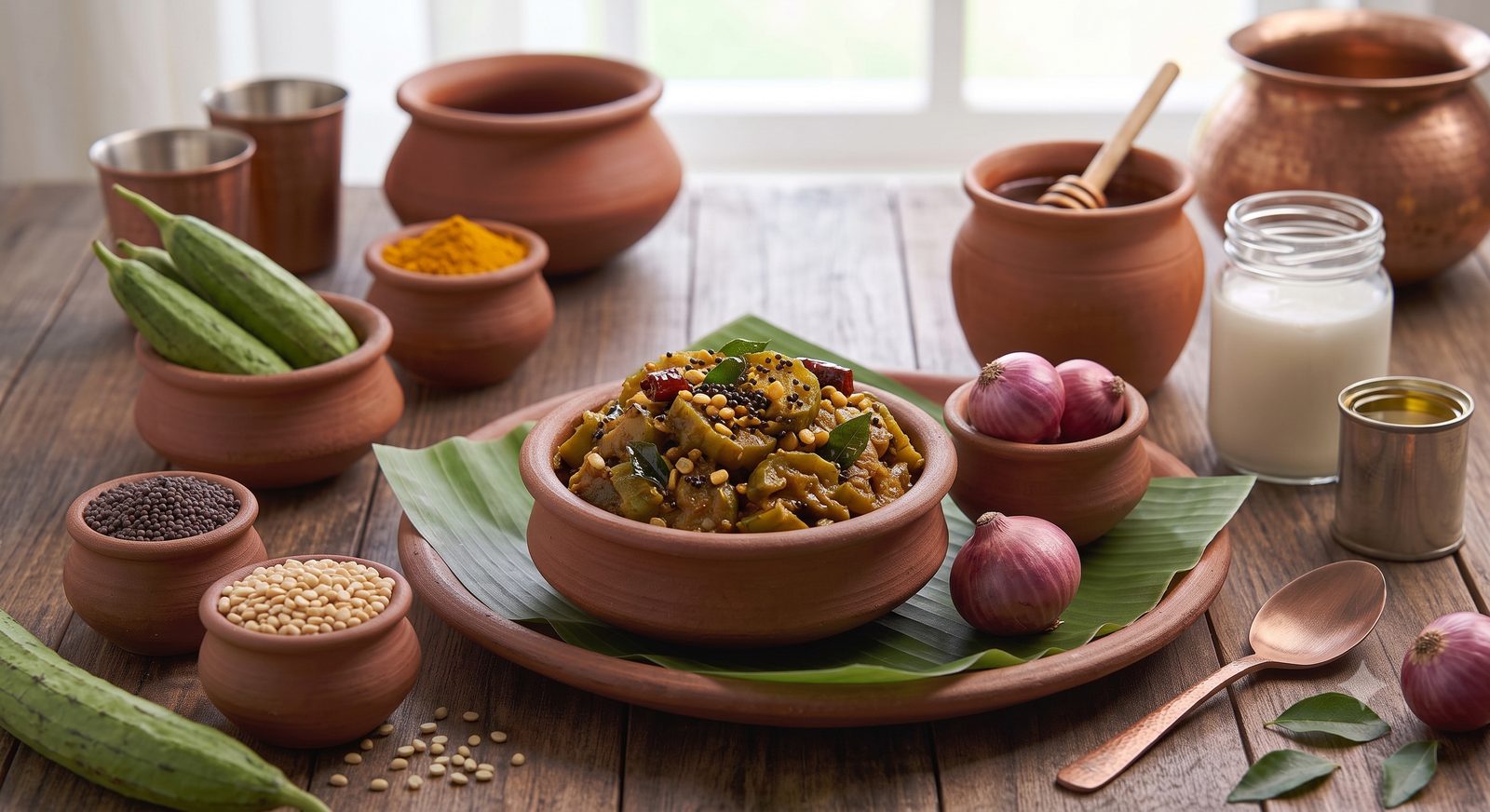 Photo of ridge gourd curry served in a clay bowl