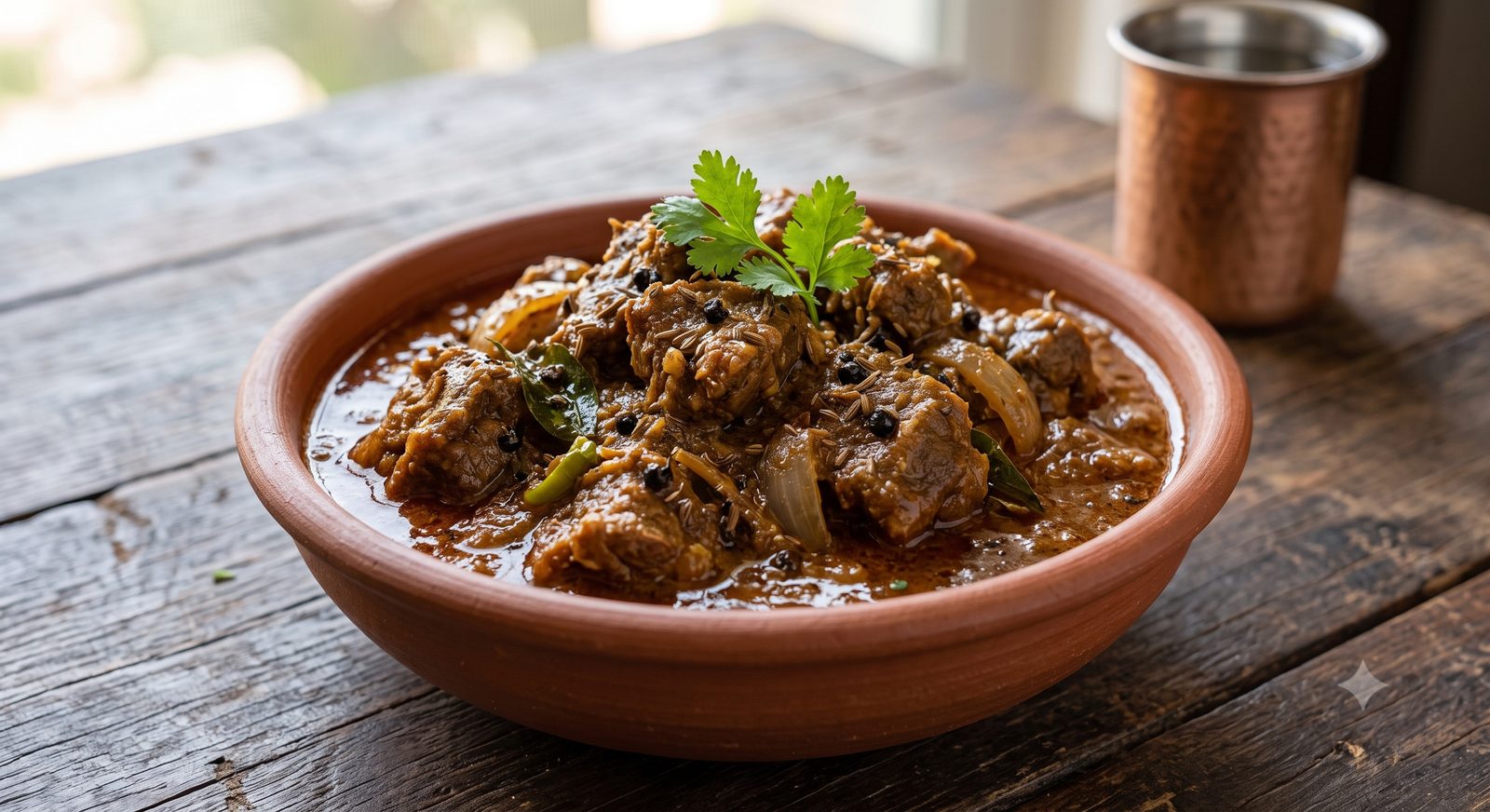Photo of pepper mutton masala served in a clay bowl