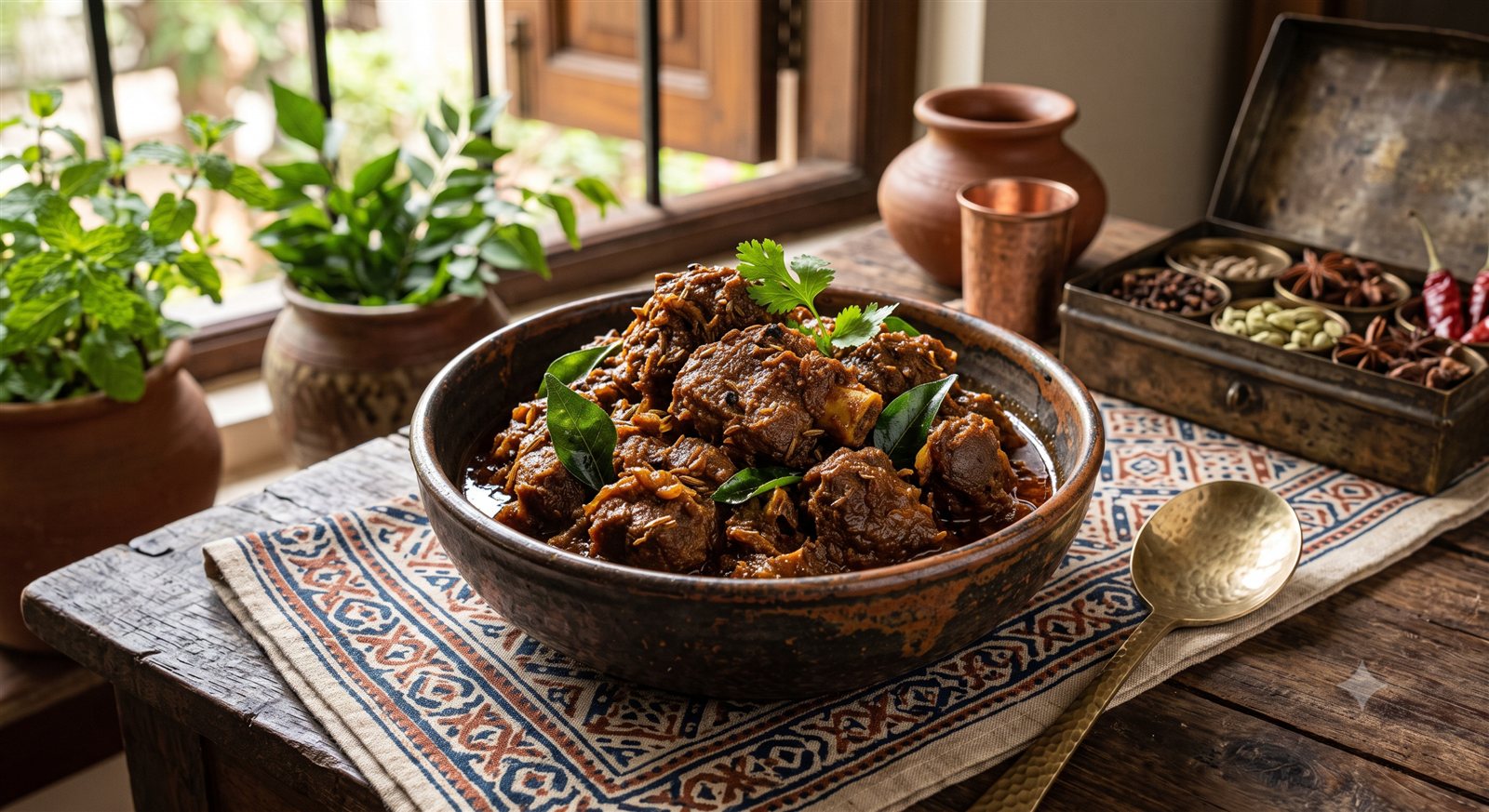 Photo of Pirattu Kari (Braised Mutton) garnished with curry leaves