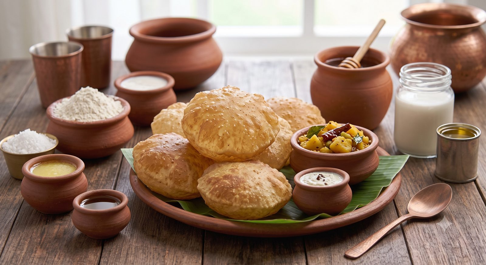 Photo of poori served on a clay plate
