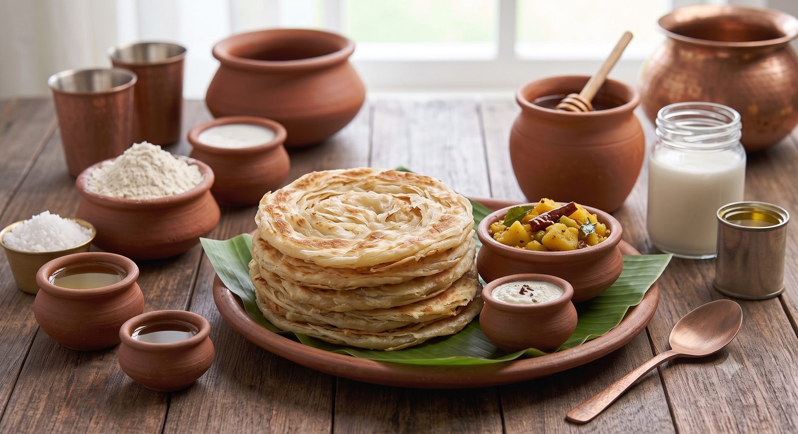 Photo of porotta served on a clay plate