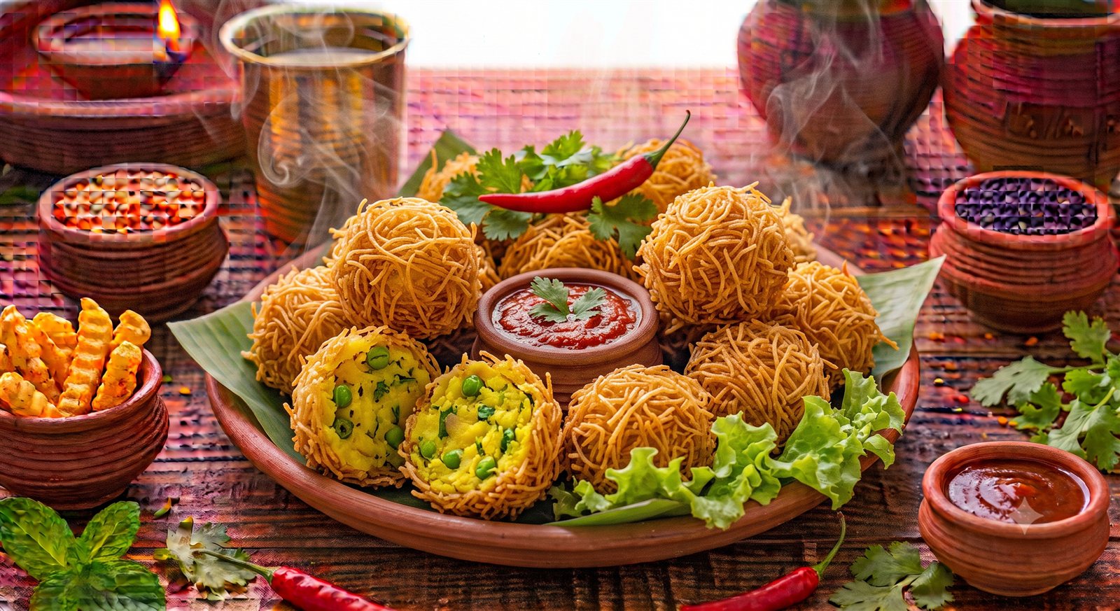 Photo of Potato Nest served with lettuce and tomato sauce