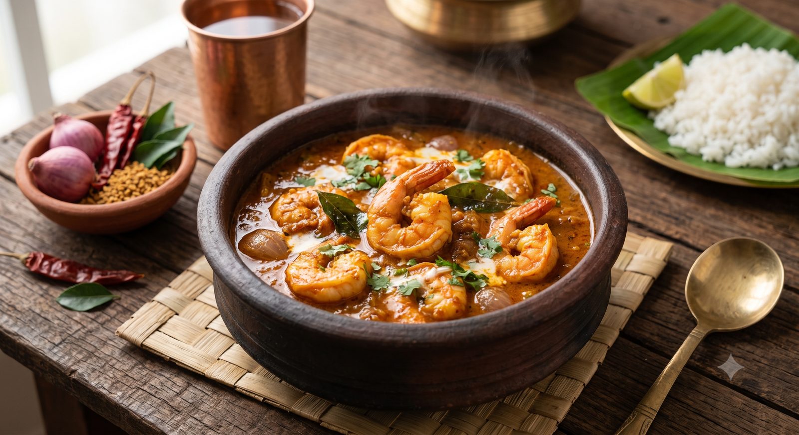 Photo of prawn kuzhambu served in a clay bowl