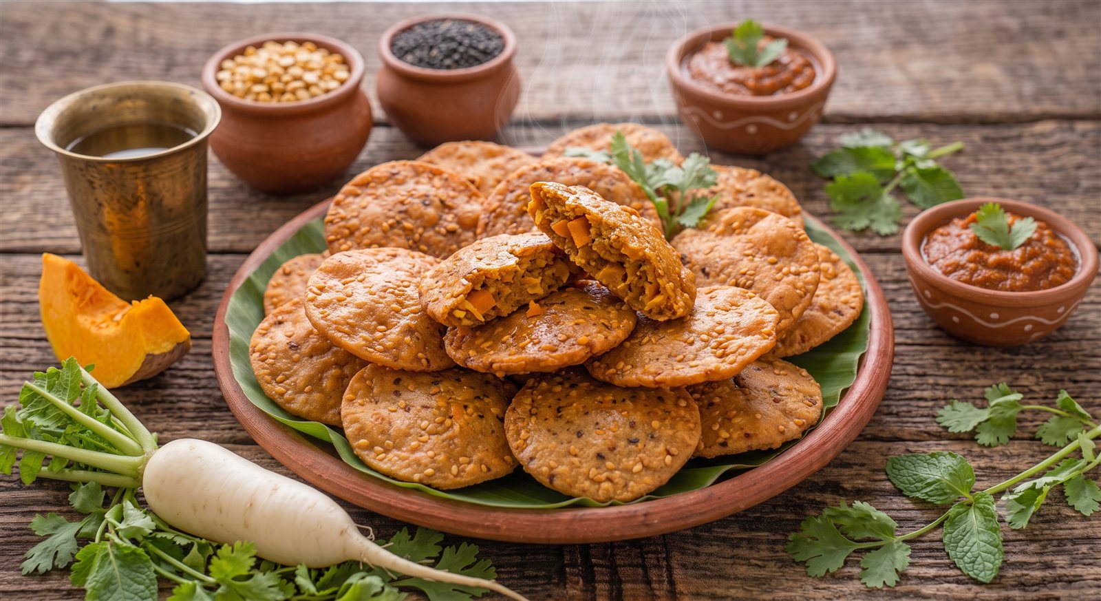 Photo of Pulusu Vadai with a wedge of raw pumpkin alongside