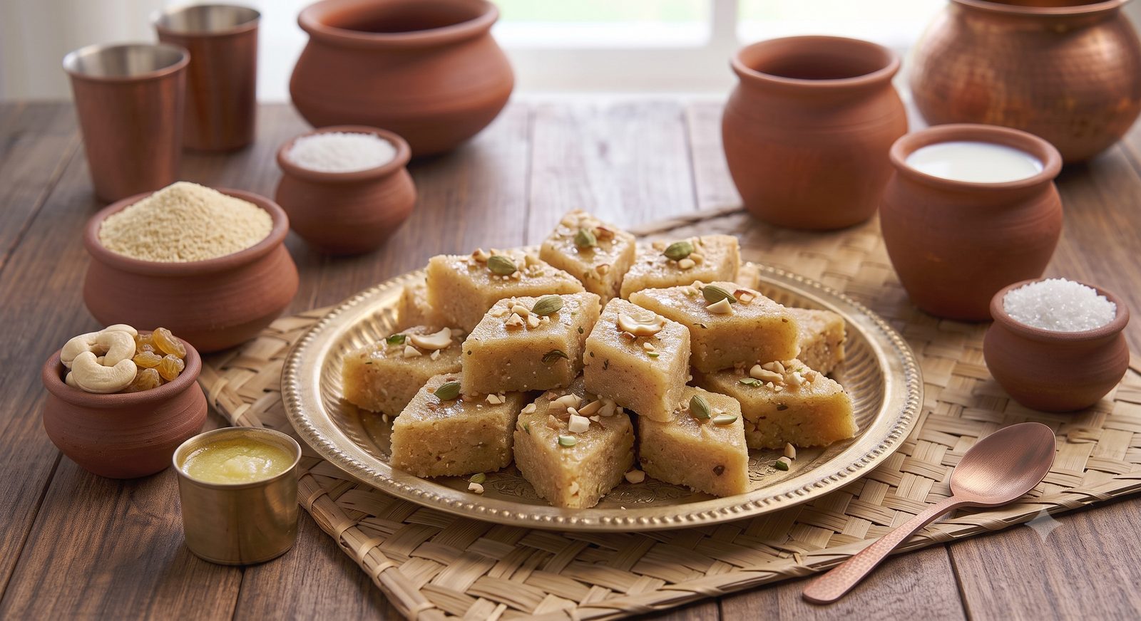Photo of semolina barfi served on a brass plate