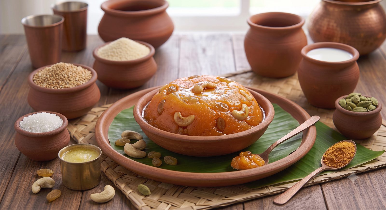 Photo of semolina kesari served in a clay bowl