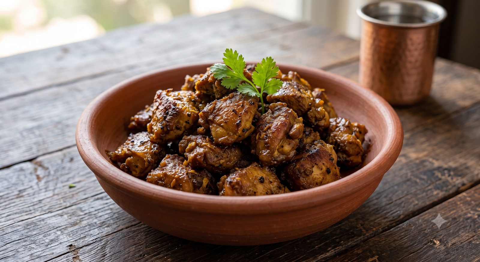 Photo of roasted meat served in a clay bowl