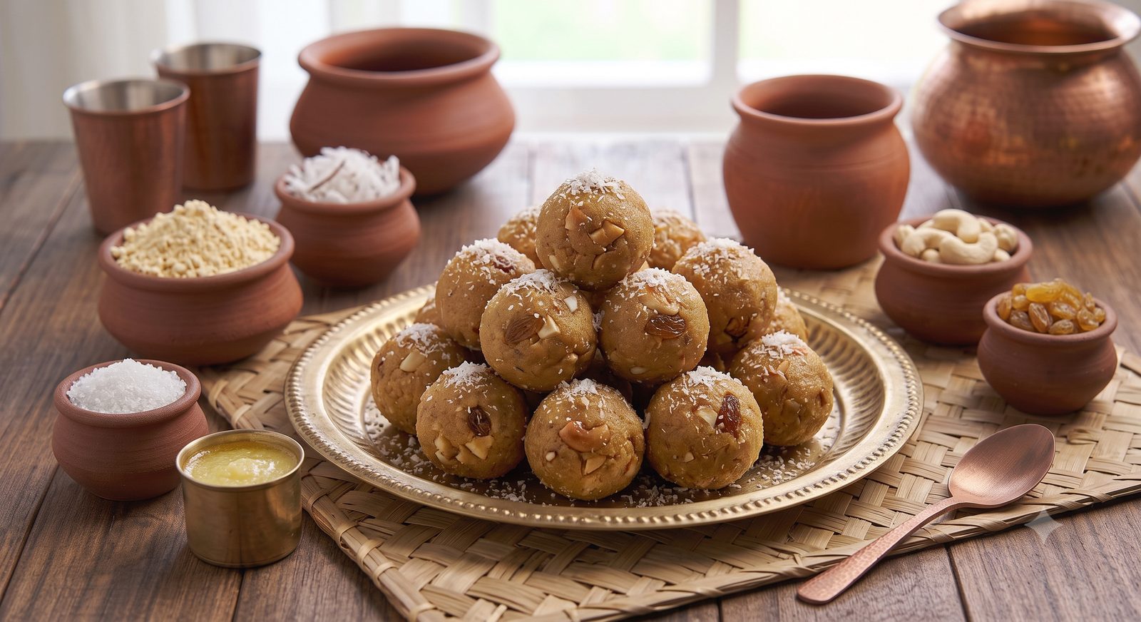 Photo of seena laddu served on a brass plate