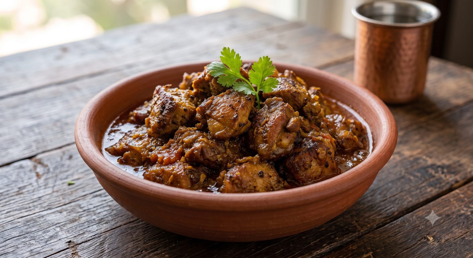 Photo of special mutton masala served in a clay bowl