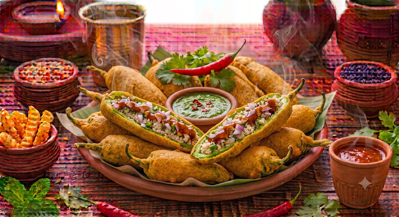 Photo of Stuffed Chilli Bajji garnished with onion and sweet chutney