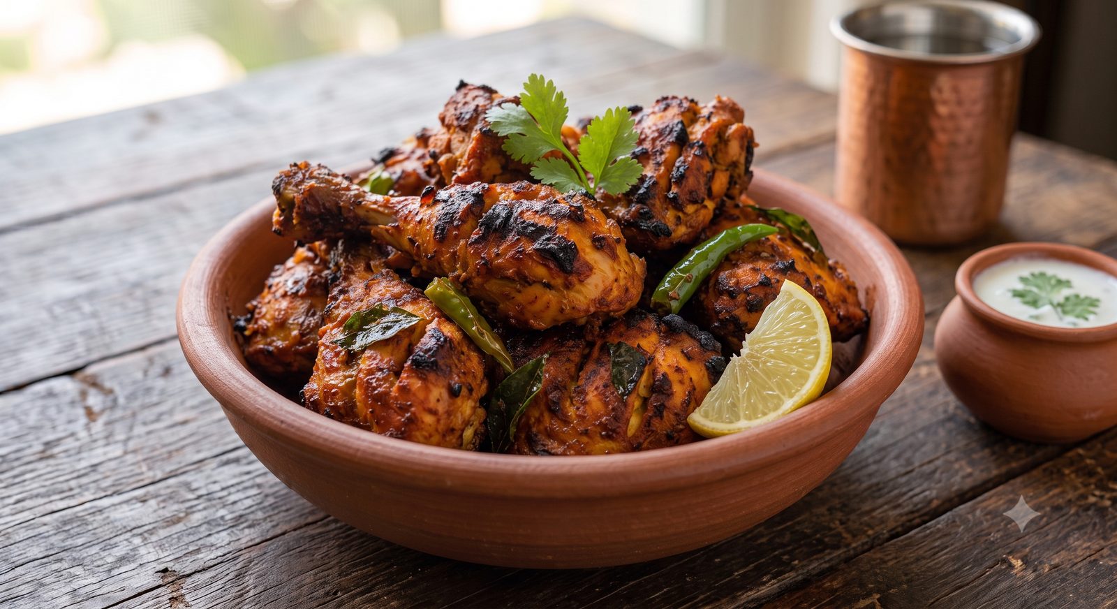 Photo of tandoori chicken served in a clay bowl