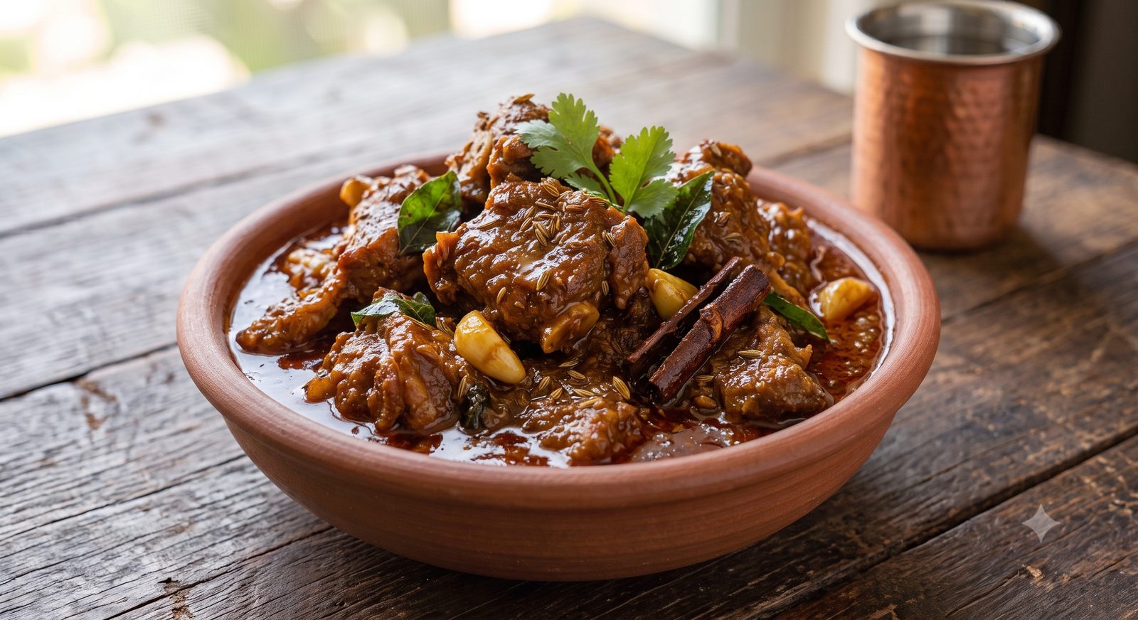 Photo of tangy meat curry served in a clay bowl