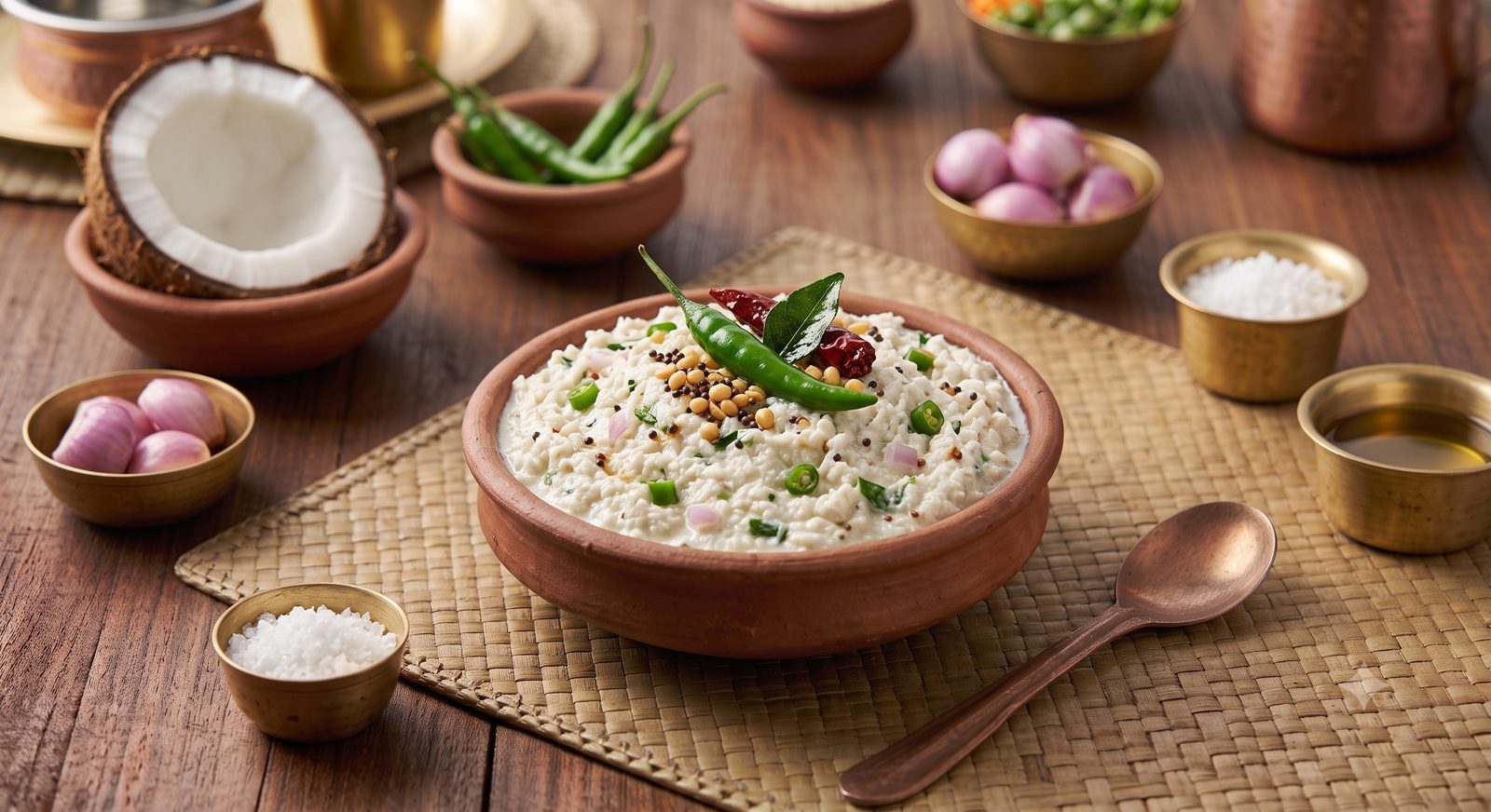 Photo of coconut chutney served in a clay bowl