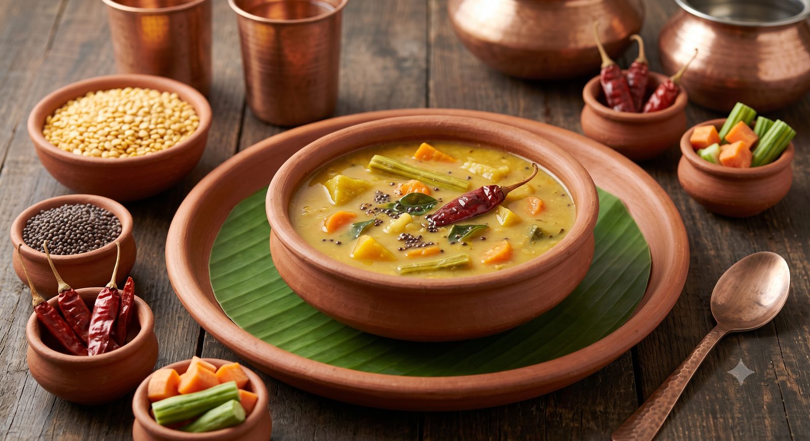 Photo of toor dal sambar served in a clay bowl