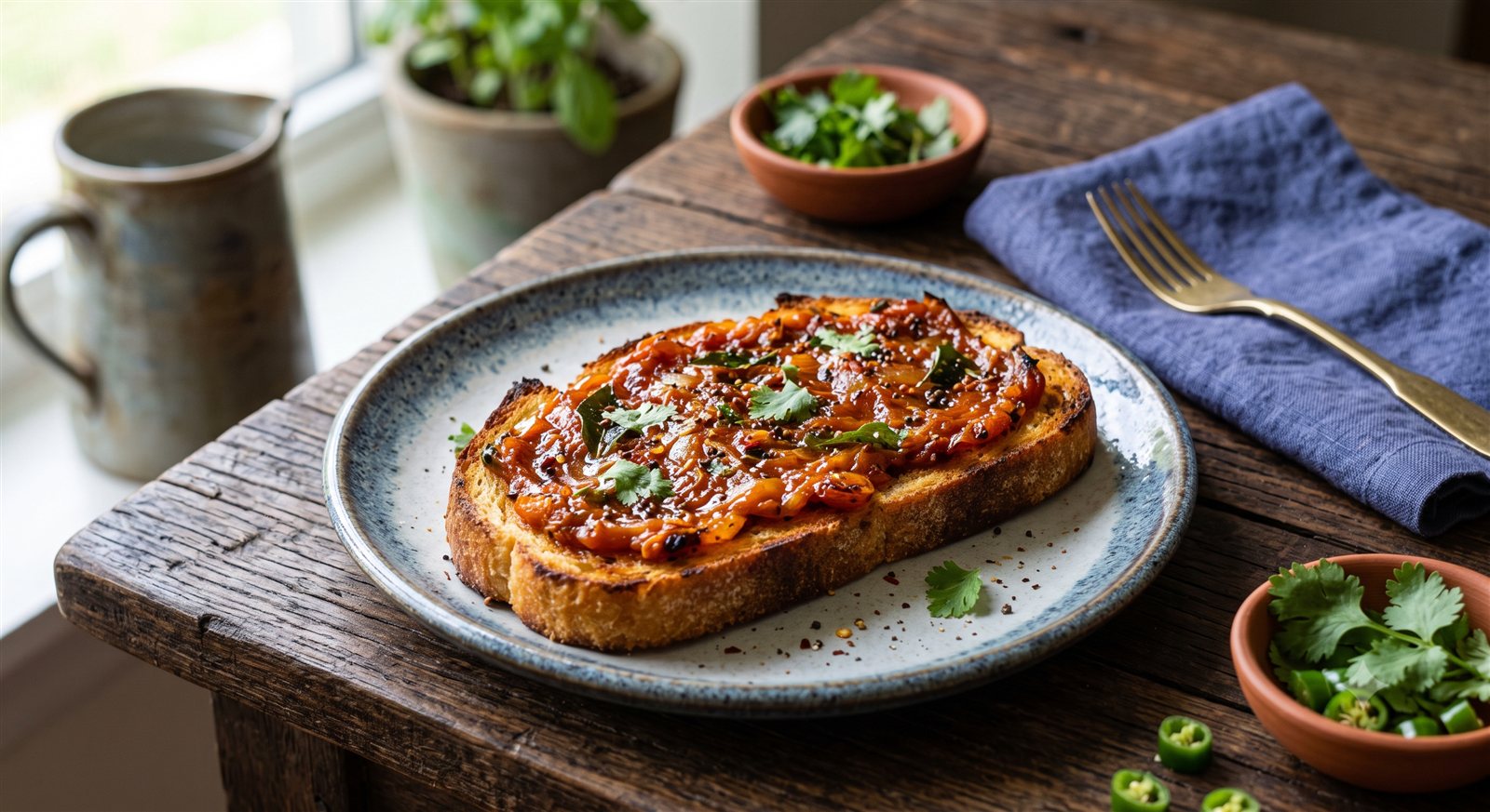 Photo of Tomato Toast topped with tomato-onion masala