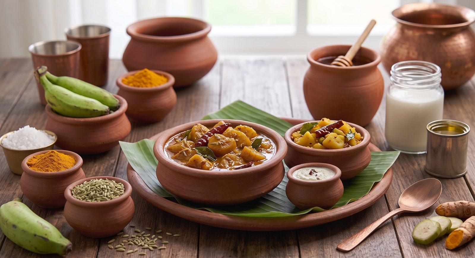Photo of raw banana curry served in a clay bowl