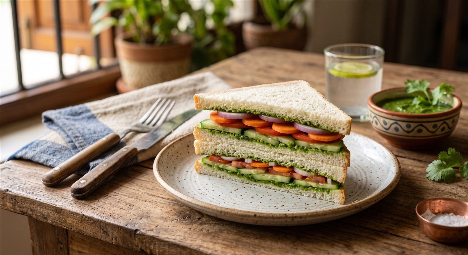 Photo of Vegetable Sandwich cut into triangles showing the vegetable layers