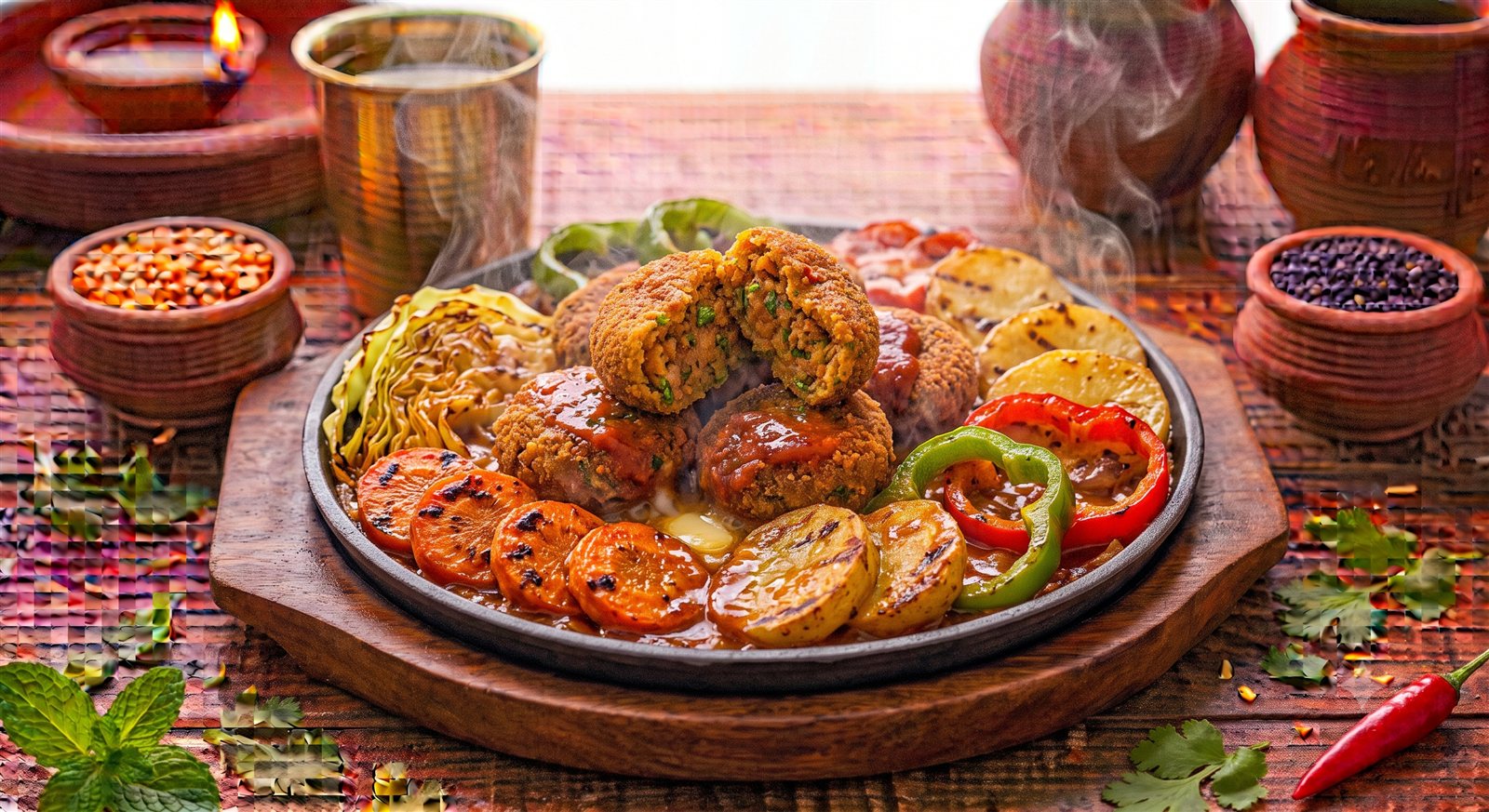 Photo of Vegetable Sizzlers served on a sizzling plate