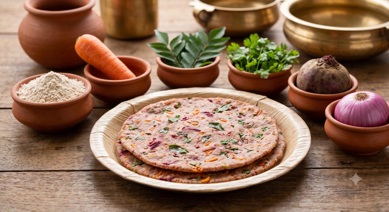Photo of vegetable wheat roti served on a clay plate