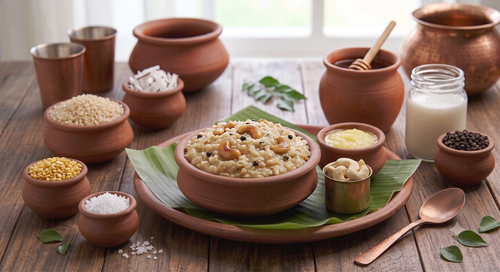 Photo of savory rice and lentil pongal served in a clay bowl