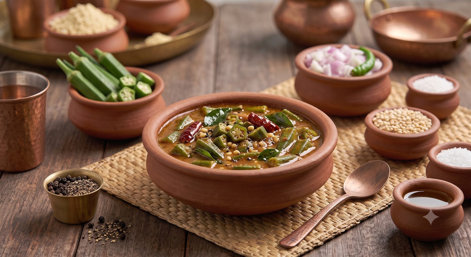 Photo of okra tamarind kuzhambu served in a clay bowl