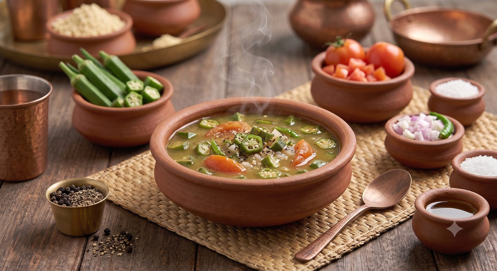 Photo of okra soup served in a clay bowl