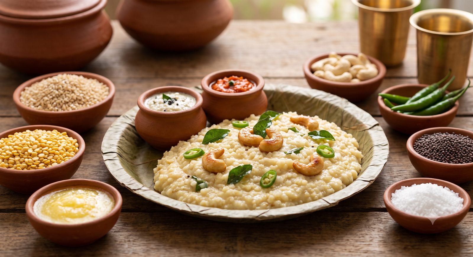 Photo of wheat rava pongal served on a leaf plate