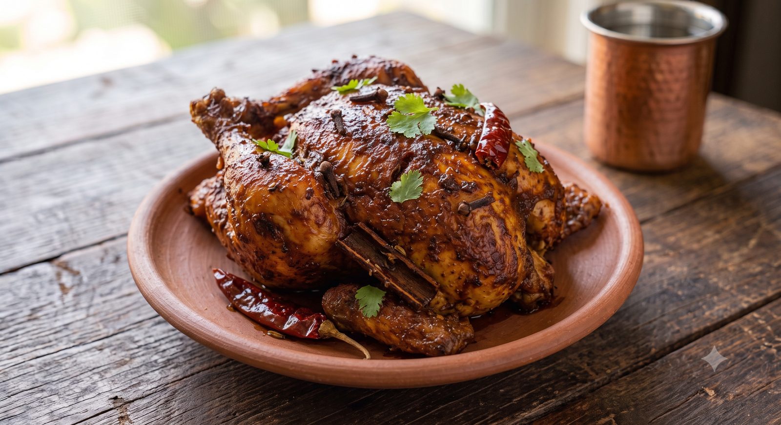 Photo of whole chicken roast served on a plate